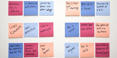 Hand each guest three Post-it® Super Sticky Notes, and instruct them to write one thing about the bride on each note Hand each guest three Post-it® Super Sticky Notes, and instruct them to write one thing about the bride on each note